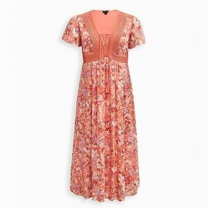 New Torrid Lace Up Tea Length Maxi Dress
Crinkle Gauze Floral Coral Orange Sz 0